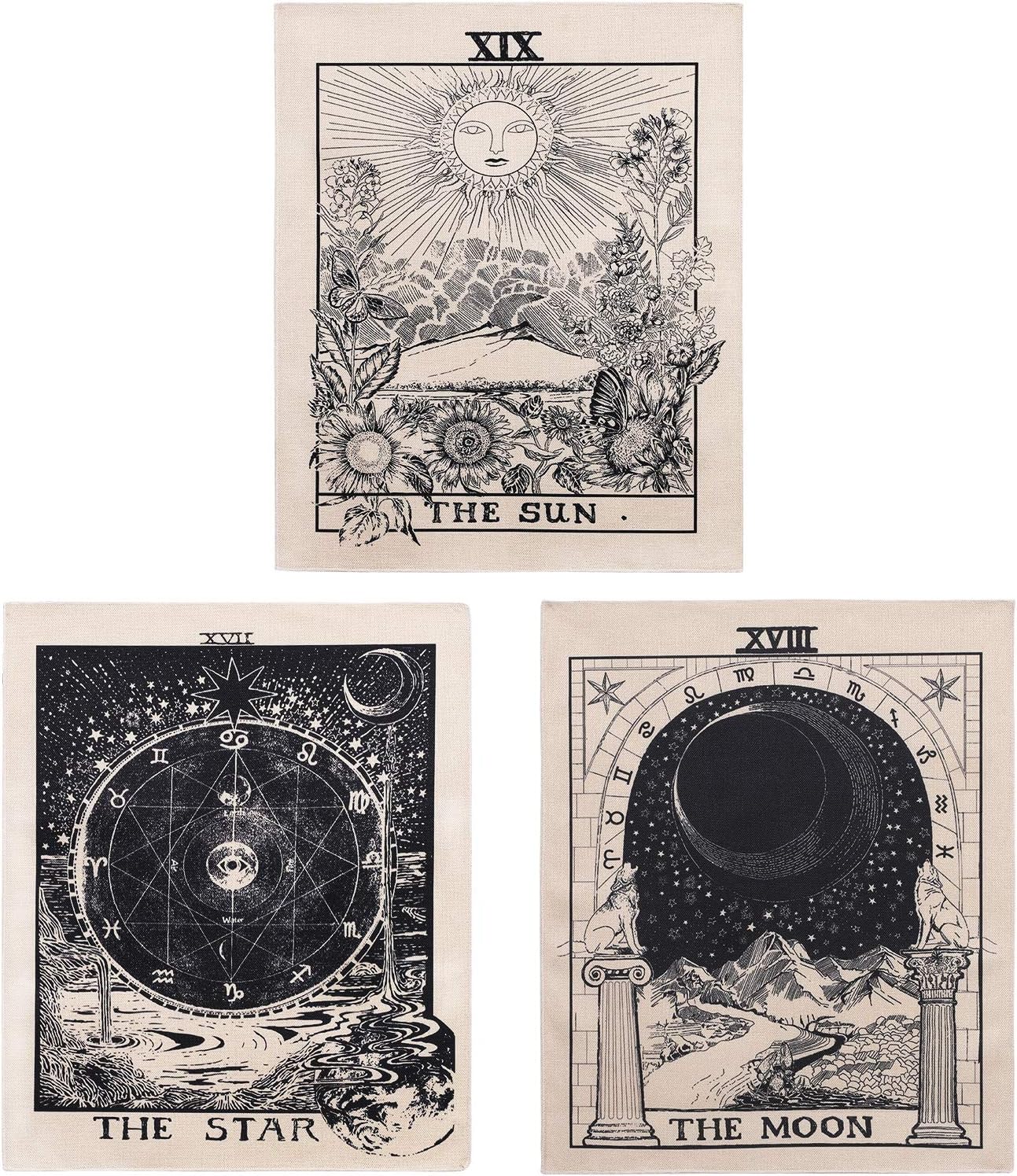 Tapestries - AWAYTR 3Pcs Tarot Tapestry Wall Hanging Decor - Star Sun and Moon Tarot Card Tapestries Bohemian Room Decoration (Black&White, 20 * 16 in)