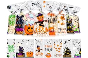 CUDICY Halloween Treat Bags, 5X11 Halloween Candy bags, Cellophane Bags Goodie Bags Party Favor Bags Clear Gift Bags Cookie Bags Trick or Treat Bags with Ties