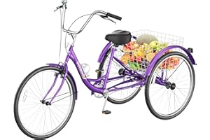 Max4out Adult Tricycle with Large Basket 24/26 Inch, Stable 3-Wheel Cruise Bicycle for Shopping, Beach and City Trike Perfect for Men, Women, Seniors Red/Blue/Purple