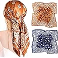 AWAYTR 35” Large Satin Square Head Scarf - 2Pcs Silk Like Floral Head Scarves Square Satin Hair Scarf Bandanas for Women