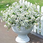 Artificial Flowers Fake Plants for Outdoors Decoration, 12 Bundles White Silk Morning Glory with Eucalyptus Realistic UV Resistant Faux Flowers for Outside Planter Porch Yard Patio Garden Home Indoor