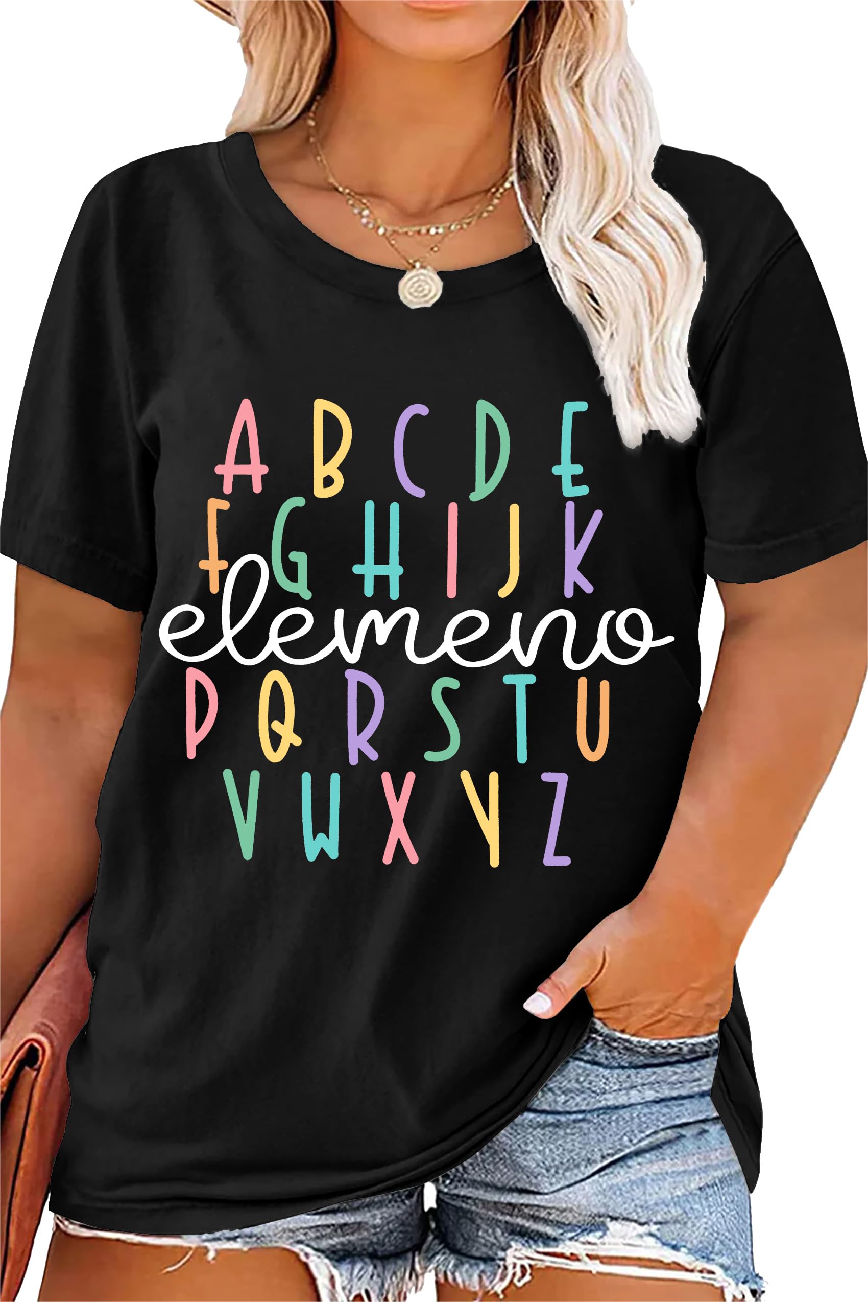 Photo 1 of **MINOR DAMAGE**
Plus Size Teacher Shirt Women Teaching Tshirt ABC Alphabet Graphic Tee Tops Teachers Gift T-Shirt Black, 2XL