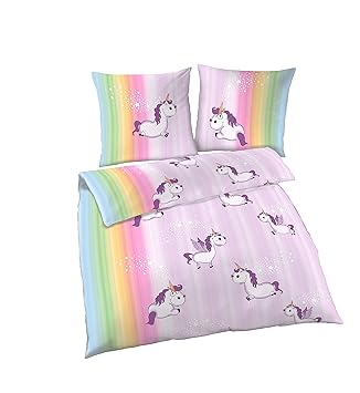 Unicorn Bettwäsche 2tlg | Biber Bettwäsche 135x200 cm & Einhorn Kissen 80x80 | Einhorn Regenbogen Design | Kuschelige Bettwäs