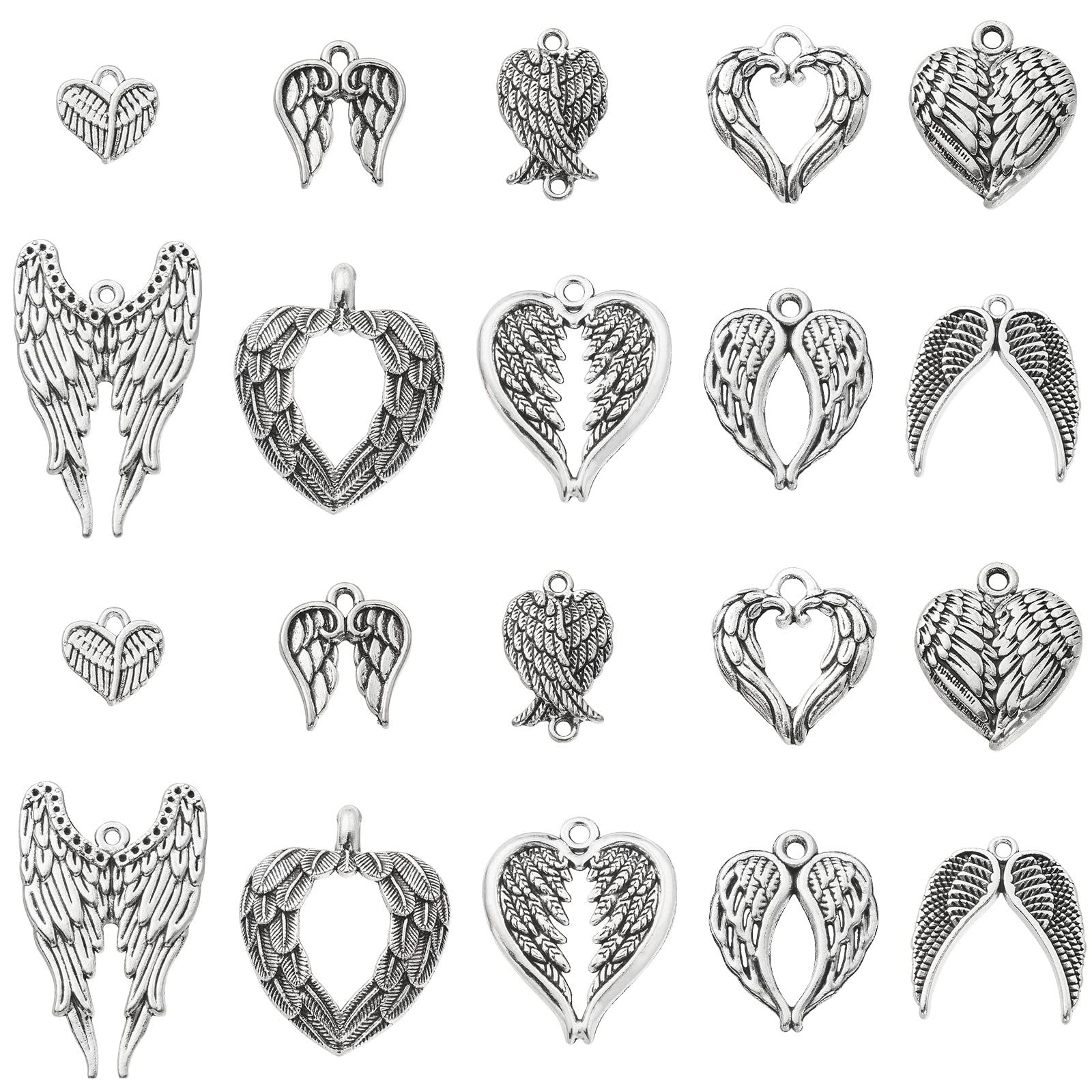 Stiesy 100Pcs 10 Styles Vintage Wing Charms Antique Silver Double Wing Charms Tibetan Style Angel Devil Wings Charms for DIY Crafts Jewelry Making