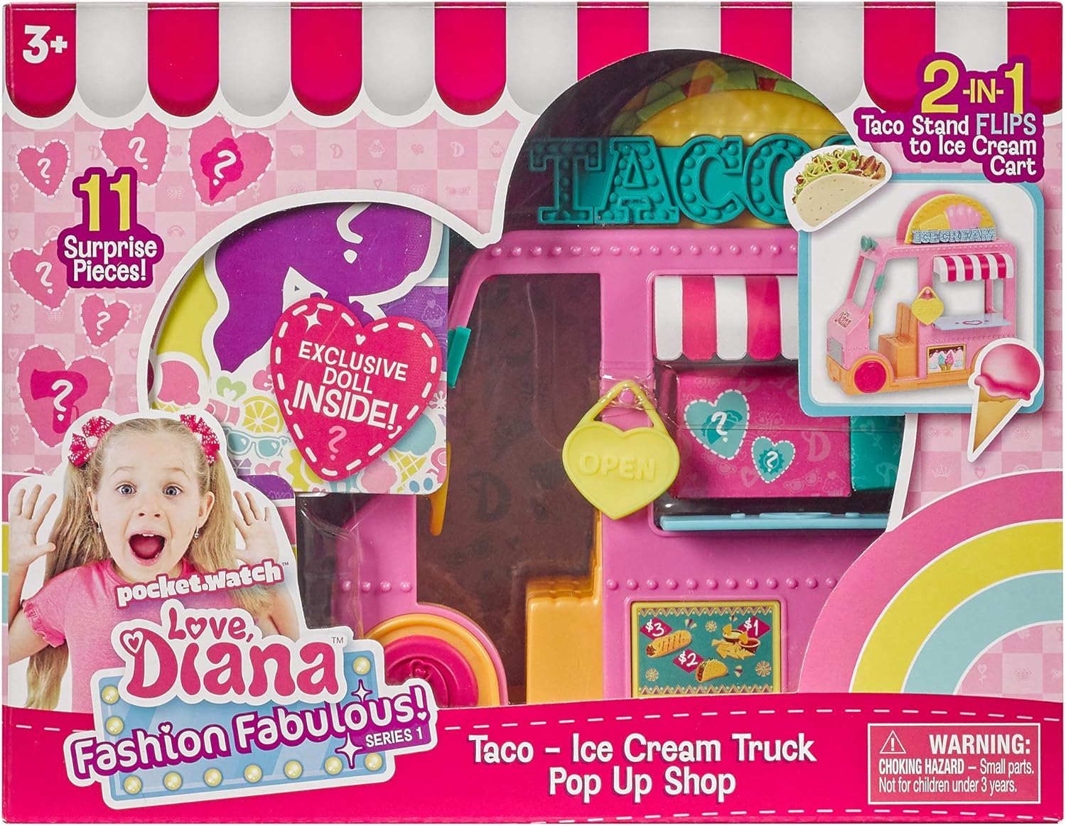 Love, Diana, Kids Diana Show, Fashion Fabulous Doll with 2-in-1 Taco and Ice Cream Truck Pop-Up Shop, 11 Surprise Play Pieces, Pretty Pink Taco Truck Flips into Delicious Ice Cream Cart, Ages 3+