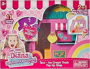 Love, Diana, Kids Diana Show, Fashion Fabulous Doll with 2-in-1 Taco and Ice Cream Truck Pop-Up Shop, 11 Surprise Play Pieces, Pretty Pink Taco Truck Flips into Delicious Ice Cream Cart, Ages 3+