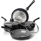 Moss & Stone 6 Pcs Black Nonstick Cookware Set, Pots And Pans Set Non stick With Glass Lid, Induction Cookware, Stay-Cool Handle PTFE/PFOA Kitchen Pots 6-Piece with Frying Pans & Saucepan