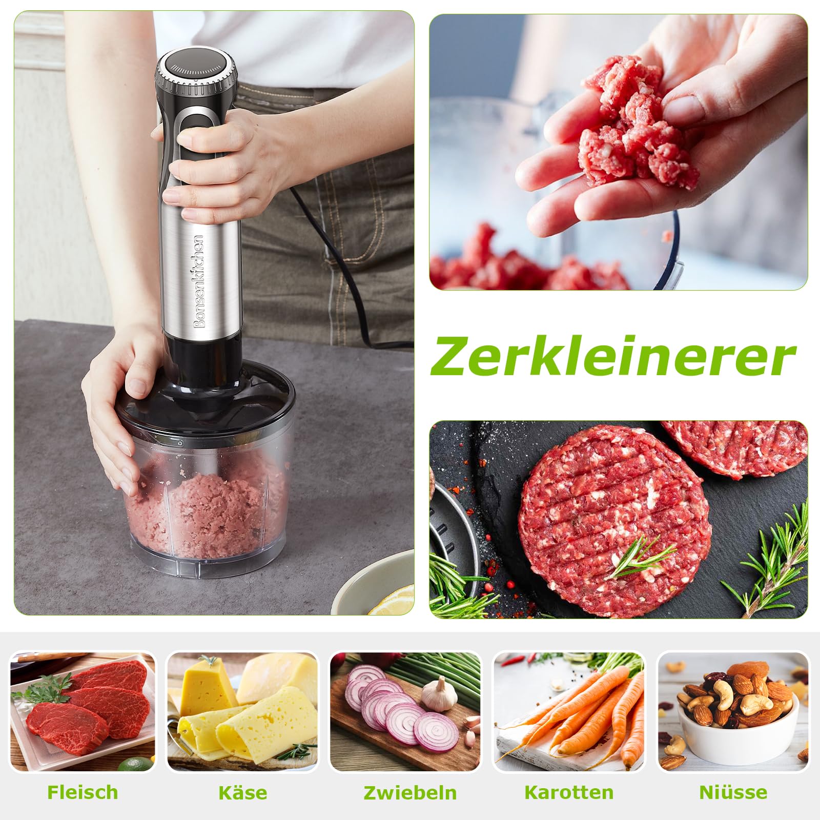 Bonsenkitchen Pürierstab, 4-en-1 Stabmixer Elektrischer, 1000W Stufenlos Geschwindigkeiten, Edelstahl, Schneebesen, 500ml Häcksler und 700ml Messbecher für Babynahrung, HB3203 (Schwarz) 5