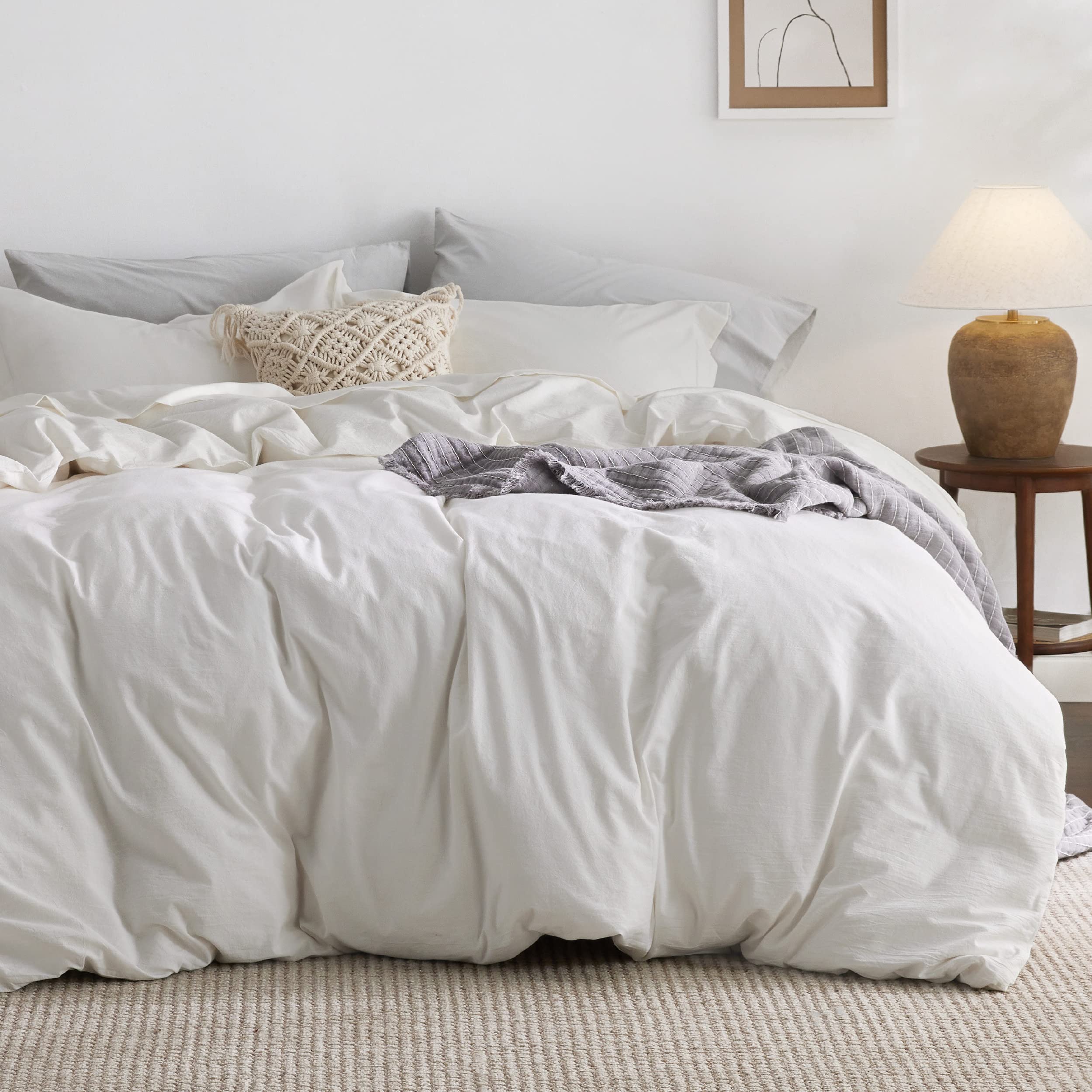 Photo 1 of Bedsure 100% Washed Cotton Duvet Cover Queen Size - Natural White Minimalist Cotton Duvet Cover Linen Like for All Seasons - GentleSoft™ Plain Simple Bedding (Natural White, Queen, 90"x90")