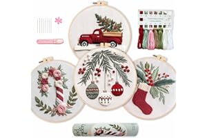 REEWISLY 4pcs of Christmas Embroidery kit with Patterns and Instructions, DIY Adult Cross Stitch Kits, Including 4 Plastic Embroidery Rings, 1 Pair of Scissors, Colored Threads and Needles,Merry Christmas