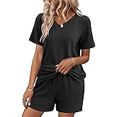 Ekouaer Womens Pajama Sets Short Sleeve Knit Lounge Set 2 Piece Pj Sets for Women V Neck Casual Loungewear