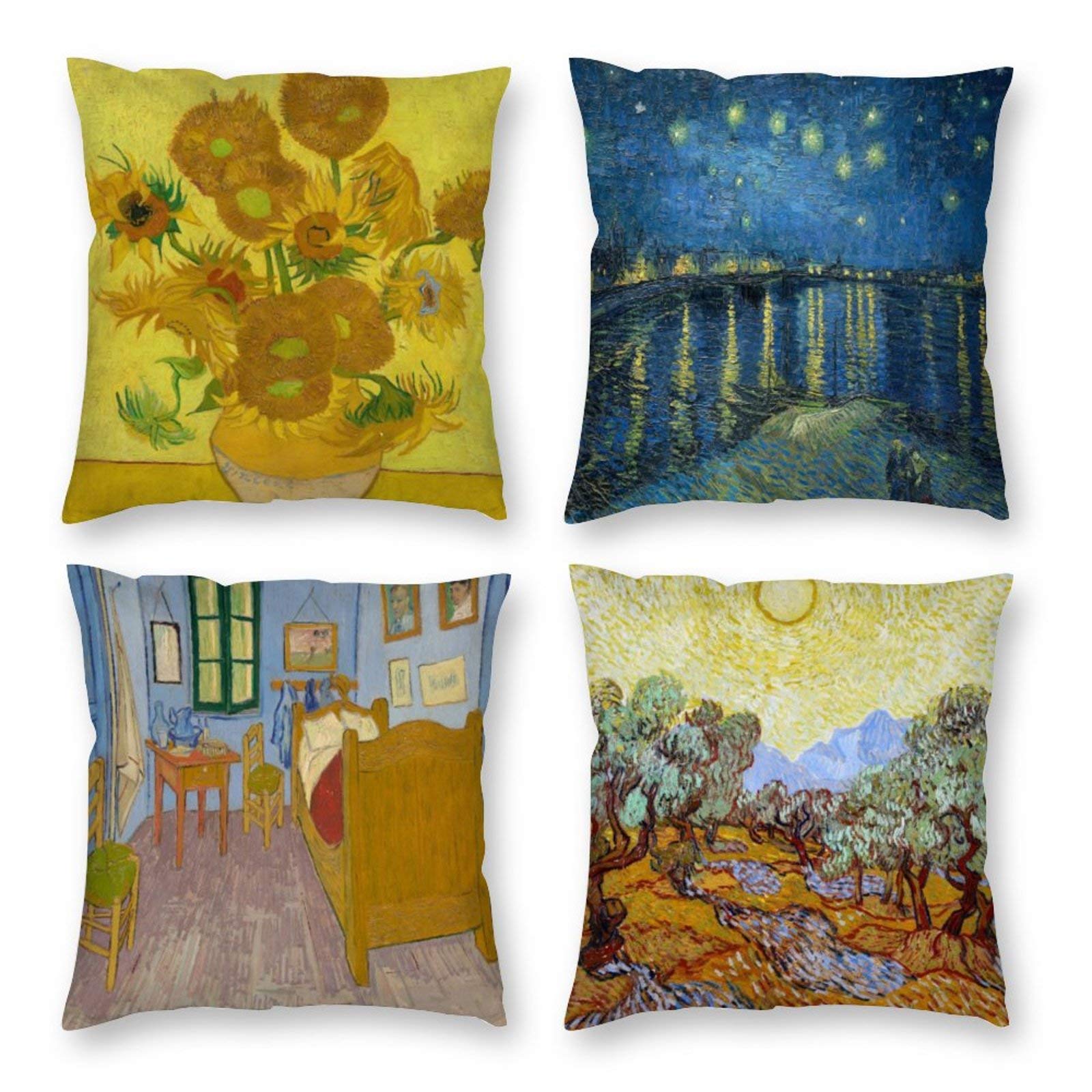 HOSTECCO 40x40 cm Art Painting Cushion Covers Pack of 4 In the Style of Van Gogh Print Cushion Cases Yellow Abstract Square Decorative Pillow Covers for Sofa Couch Bed