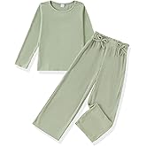 LKALPSQ Girls Autumn 2 Piece Outfits Ribbed Long Sleeve Tops and Wide Leg Pants Kids Set Tracksuit 4-7T