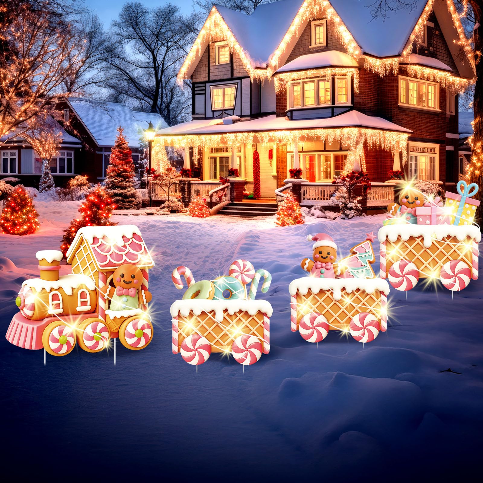 Photo 1 of ***(MISSING STEAKS)***Marsui 4 Pcs Christmas Train Decoration Yard Sign with 4 LED Light Lawn Sign Christmas Pink Gingerbread Candy Gift Box Train Set with 8 Stake for Xmas Garden Outdoor Holiday Party Decor