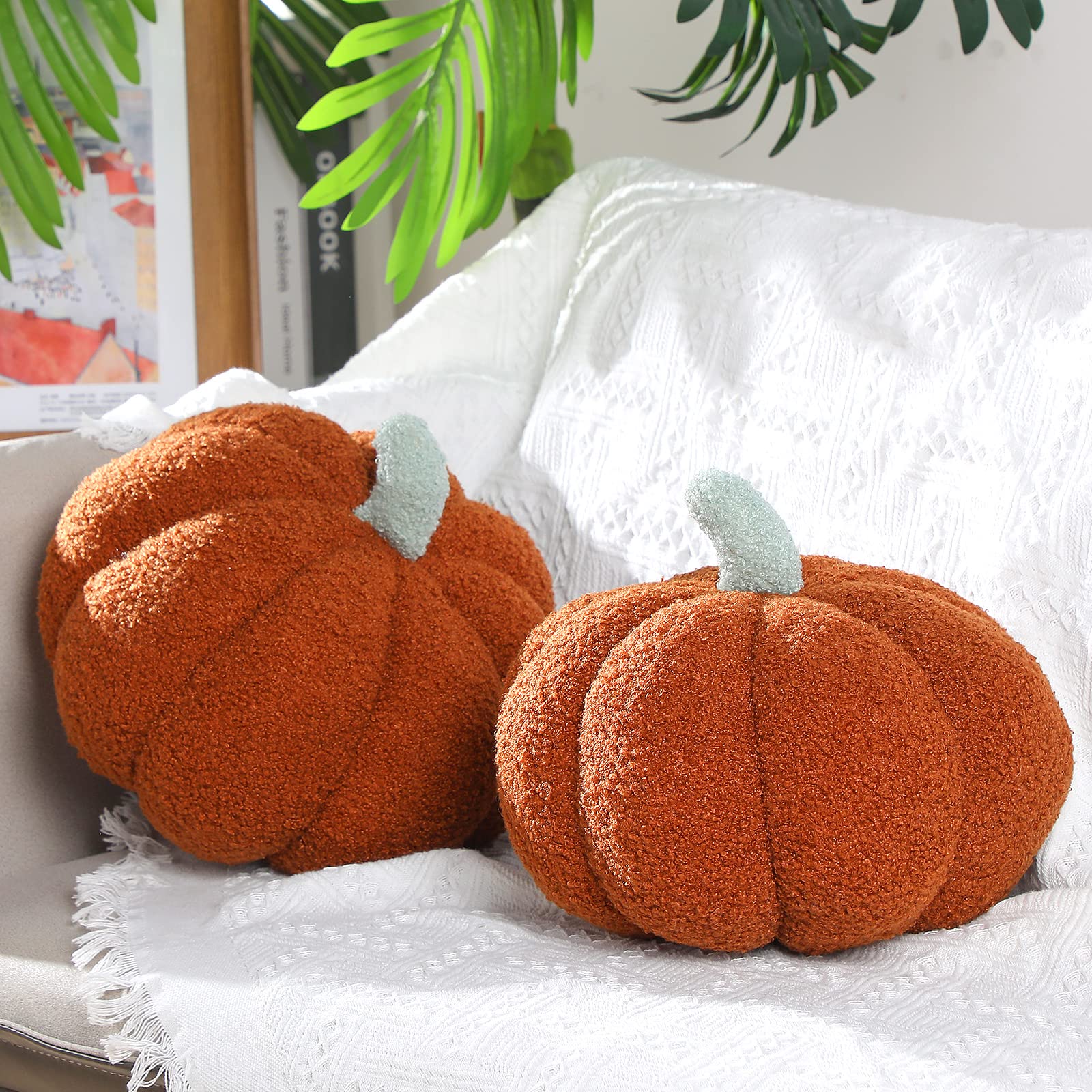 Photo 1 of Queekay 2 Pcs Pumpkin Throw Pillow Cushion 11 x 9.5 Inch Fall Decor Halloween Simulated Pumpkin Sofa Throw Pillow for Autumn Thanksgiving Car Bedroom Home Couch Sofa Decorations(Brown)