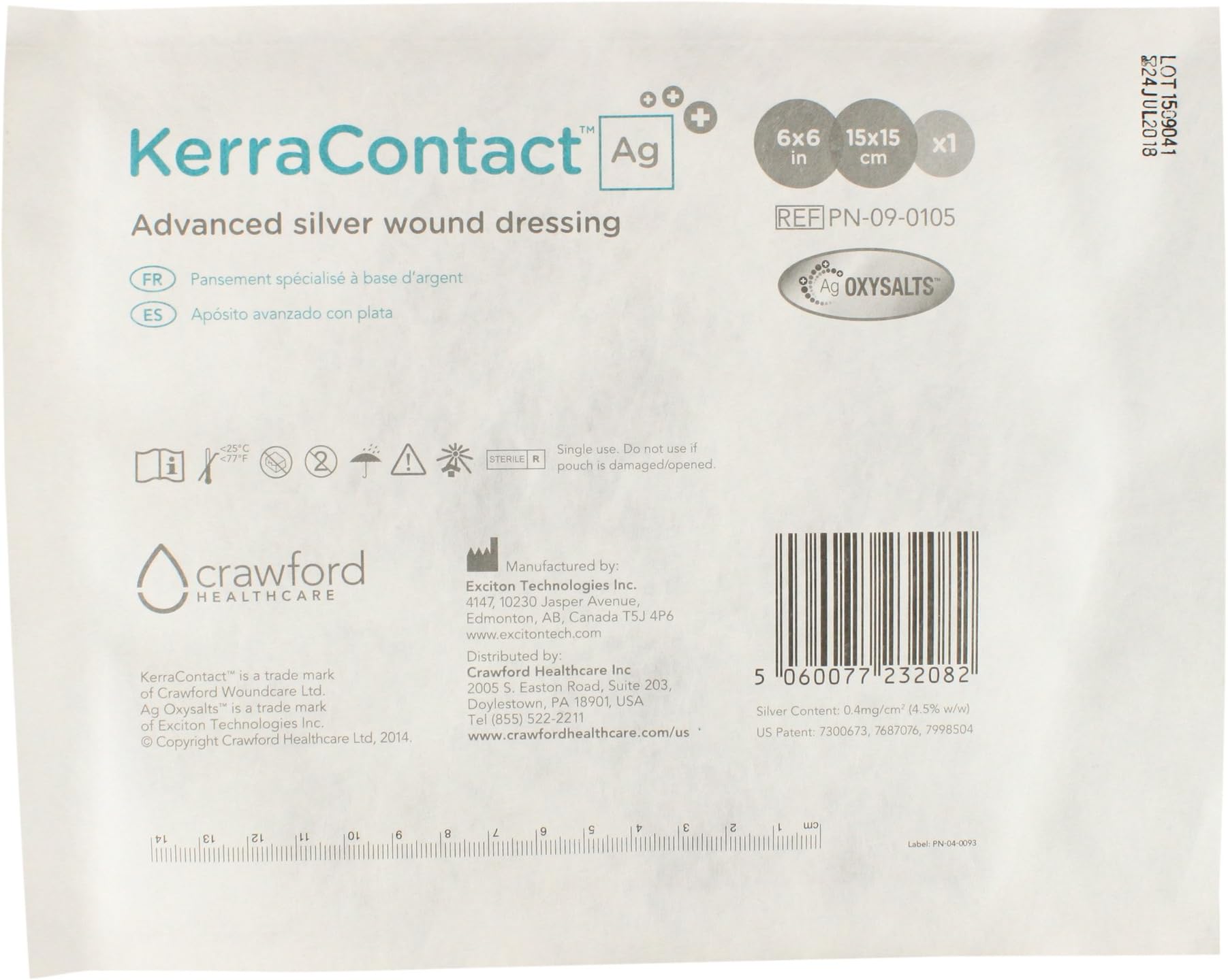 KerraContact Ag 6"x6" Silver Wound Dressing (PN-09-0105) - Utilizes Ag Oxysalts Technology to Kill Bacteria Within a biofilm - for Chronic and Acute Wound Care Treatment (1 Each)