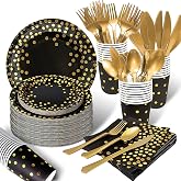 AIRE 175PCS Black Gold Paper Plates Party Supplies Dinnerware Sets for 25 Guests, Disposable Paper Party Plates, Dessert Plates, Cups, Napkins, Plastic Spoons, Forks, Knives for Wedding, Birthday