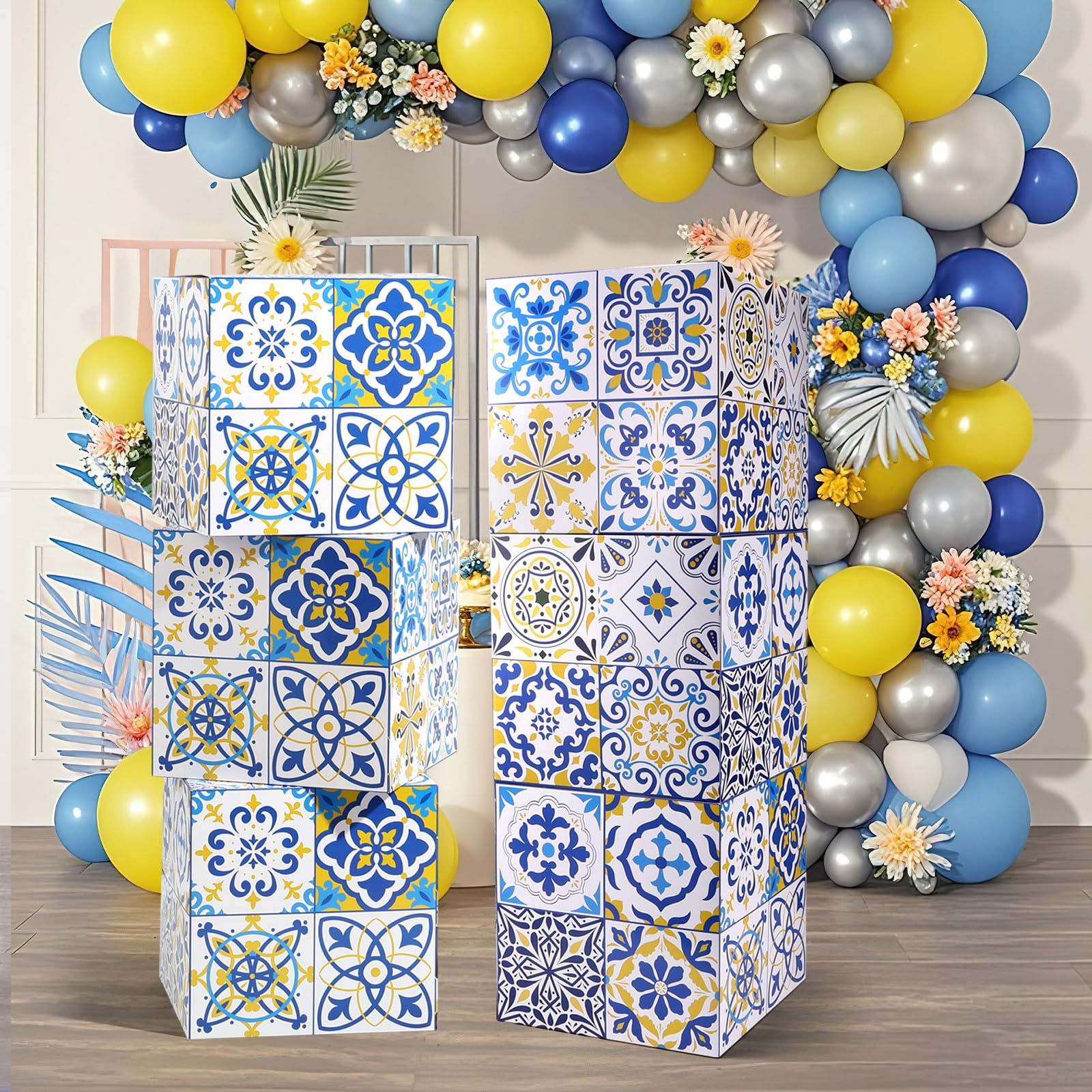 Photo 1 of  Pcs 12 Inch Amalfi Coast Party Decorations Cardboard Boxes Capri Lemon Backdrop Decor Props Boxes for Bridal Shower Wedding Amalfi Coast Blue Yellow Tiles Mediterranean Birthday Party Decor Supplies
