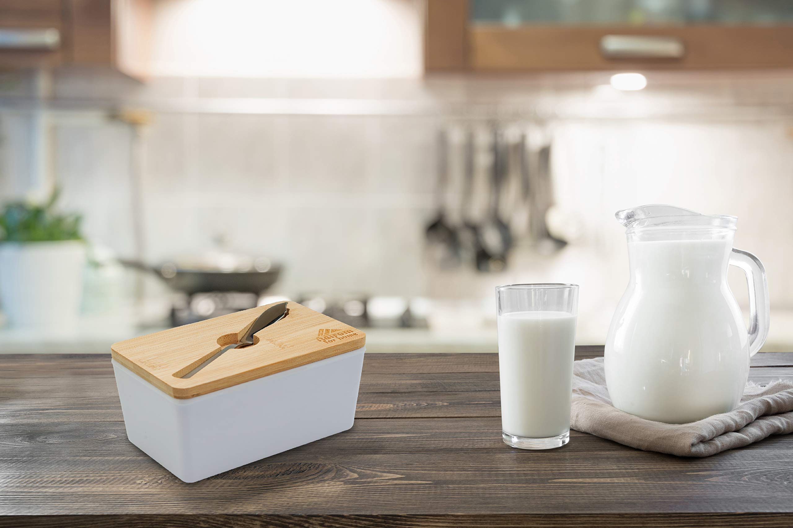 Adirom Butter Dish, Butter Dish with Lid - Elegant Melamine Butter crock with Bamboo Cover Keeps Your Butter Fresh, Clean and Flavorful,BONUS- smearing knife - Get Your Best Butter Holder now !