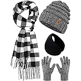 Aneco Winter Warm Knitted Sets Buffalo Plaid Scarf Beanie Hat Touch Screen Gloves and Winter Ear Warmer Set for Men or Women
