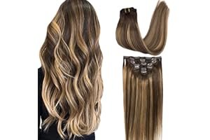 GOO GOO Clip in Hair Extensions Real Human Hair, Remy Human Hair Extensions Clip ins for Women, Natural Human Hair, 18inch 120g 7Pcs, 4/27/4 Balayage Chocolate Brown to Caramel Blonde