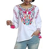 YZXDORWJ Women's Mexican Long Sleeve Blouse Embroidered Traditional V Neck Top Boho Tunic