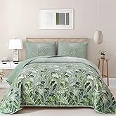 WONGS BEDDING Green Quilt Set Queen Size,3 Pieces Green Floral Bedspread Coverlet Set, Soft Microfiber Lightweight Floral Bedding Set Queen 96"×90"