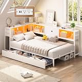 Hasuit Corner Twin Bed Frame with Storage Drawers and Bookcase Headboard, Twin Size Metal Platform Corner Bed Frame with Charging Station and LED Lights, Twin Daybed for Kids Teens Guests, White