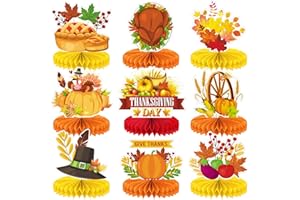 HAOLONGFA Thanksgiving Table Decorations - 9Pcs Fall Honeycomb Centerpieces for Tables with Pumpkins, Sunflowers, Scarecrow, Squirrel for Thanksgiving Dinner, Autumn Harvest Festival, Rustic Fall Party Decor
