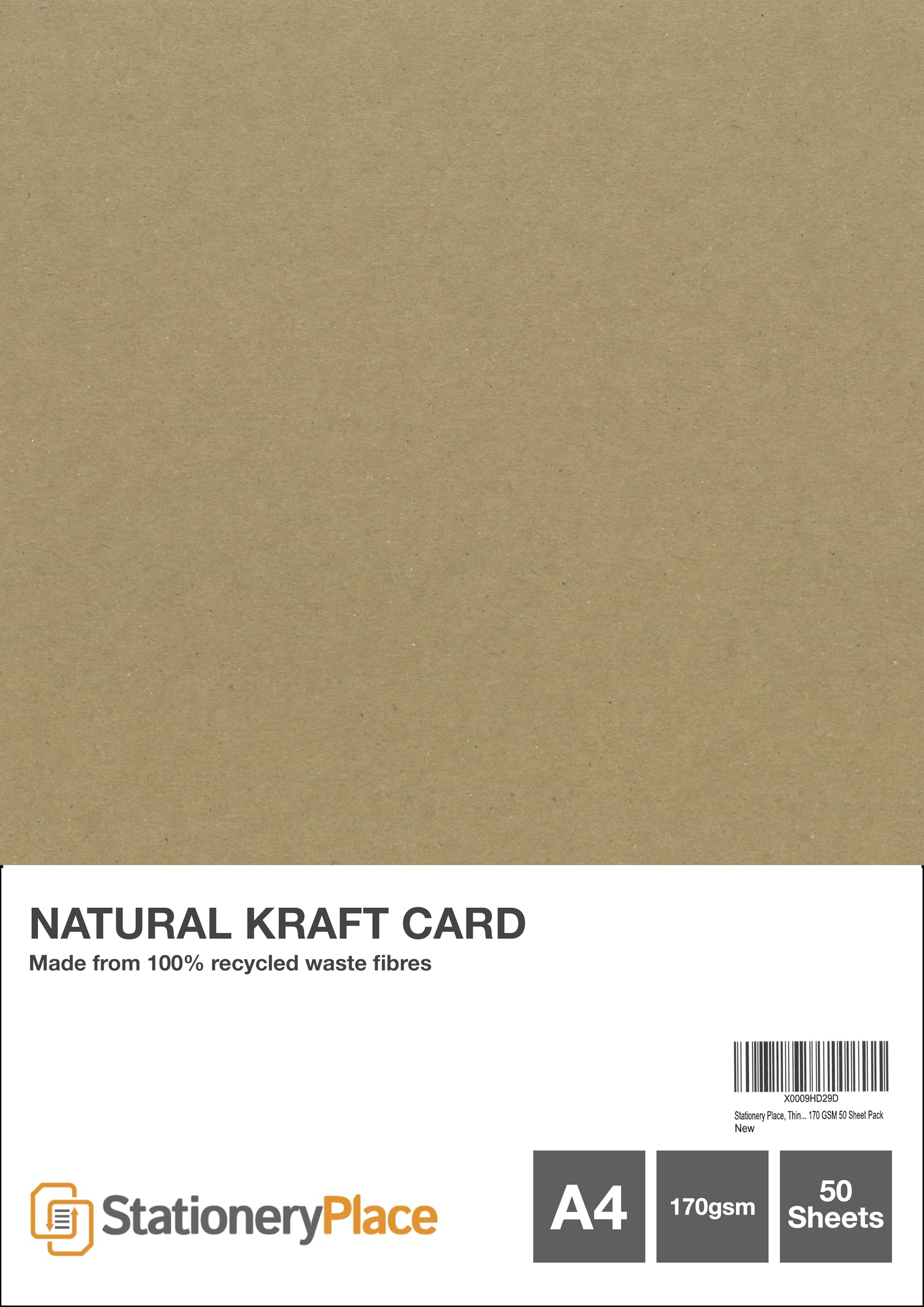 Stationery Place, Thin - Brown Natural Kraft Card A4 170 GSM 50 Sheet Pack