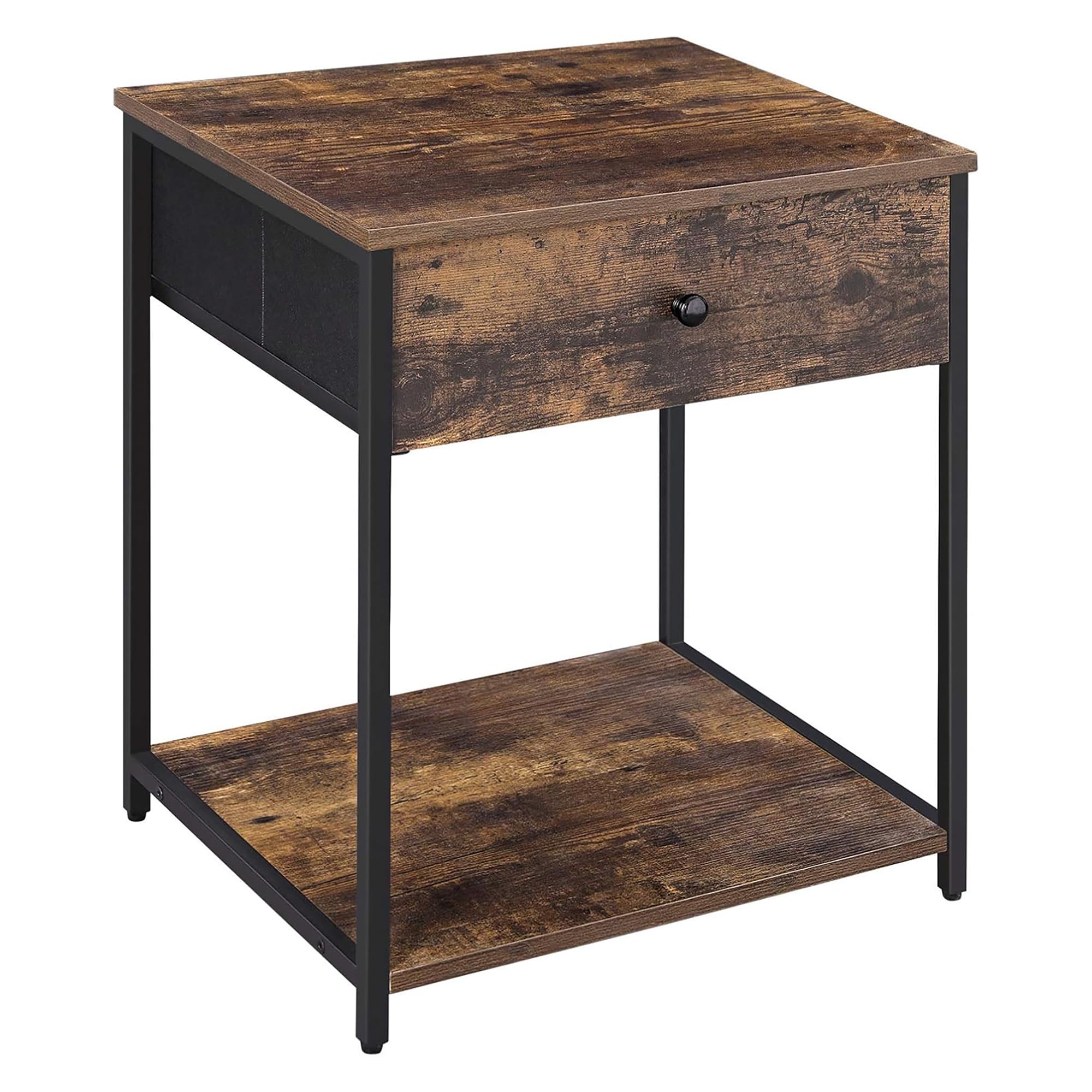 SONGMICS Rustic Nightstand, Industrial Bedside Table with Drawer, 2 Shelves, Fabric Drawer Dresser, End Table with Wooden Top and Front, Rustic Brown and Black ULGS20H