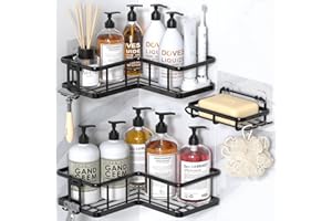 YASONIC Shower Caddy Corner, 3-Pack Adhesive Rustproof Stainless Steel Shower Shelves with Soap Holder, No Drilling Shower Organizer Corner for Dorm, Renters Bathroom, Black