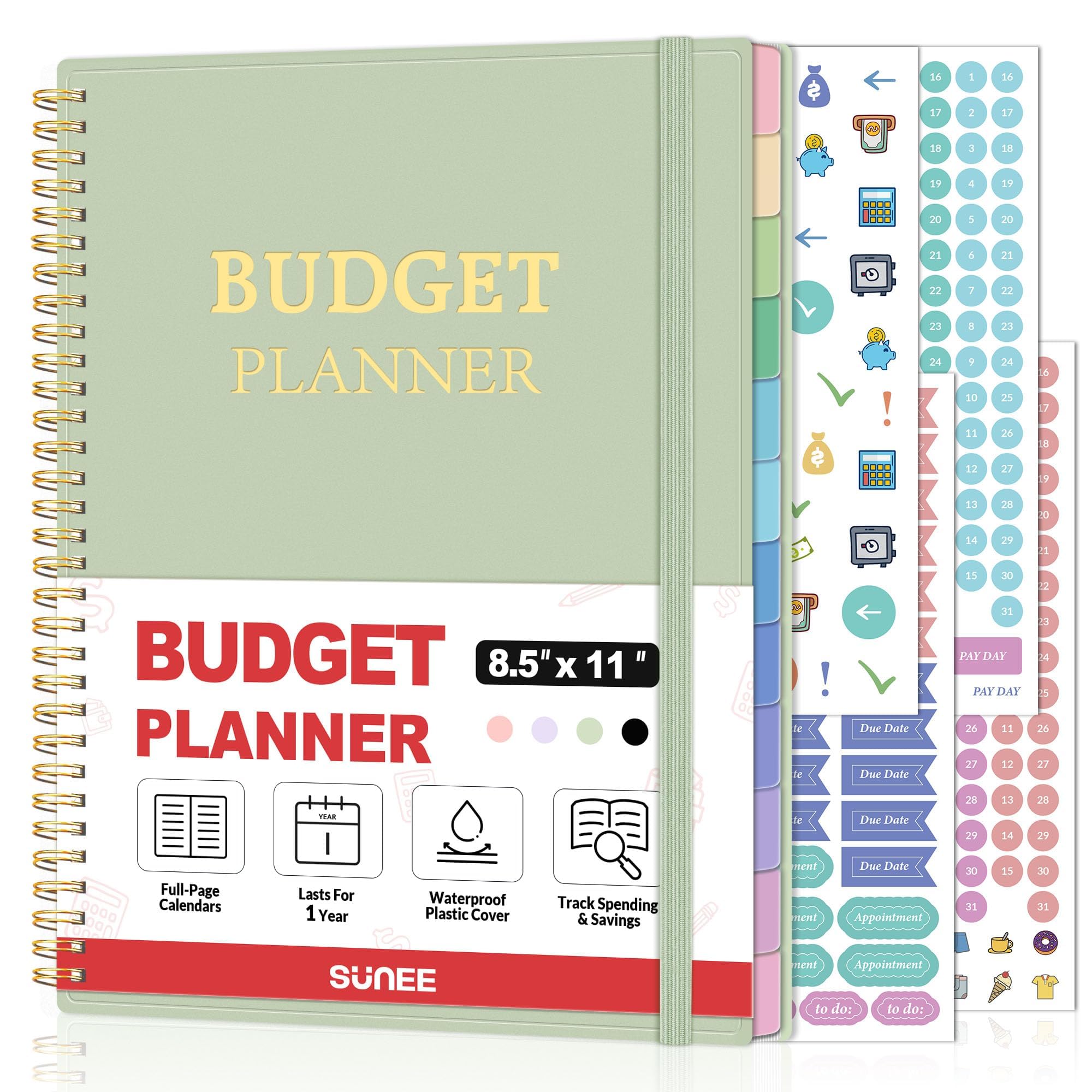 SUNEE Budget Planner - Monthly Budget Book with Expense Tracker Notebook, A4(8.5" x 11") Undated 12 Month Bill Organizer & Finance Planner to Manage Your Money, Account Book with Colorful Tab, Green