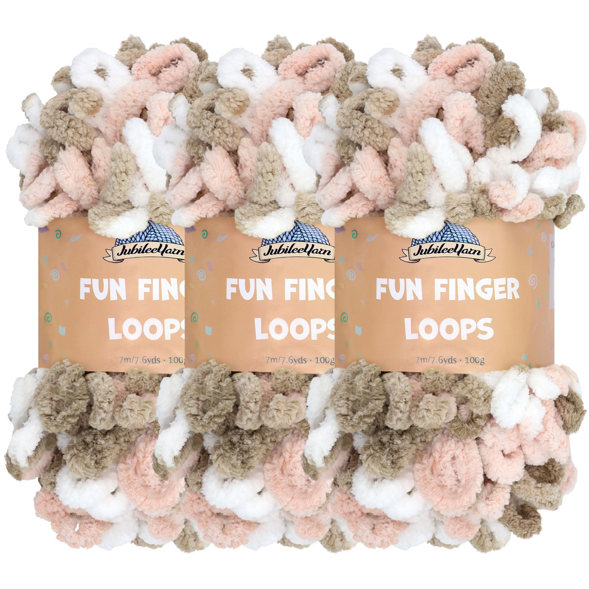 JubileeYarn Fun Finger Loops Yarn - Polyester Jumbo Weight Loop Yarn - 100g/Skein - Pink Brown White - 3 Skeins