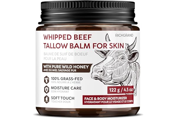 Beef Tallow Face Cream, Whipped Tallow and Honey Balm for Face and Body, Grass Fed Natural Skincare Moisturizer for Dry and S