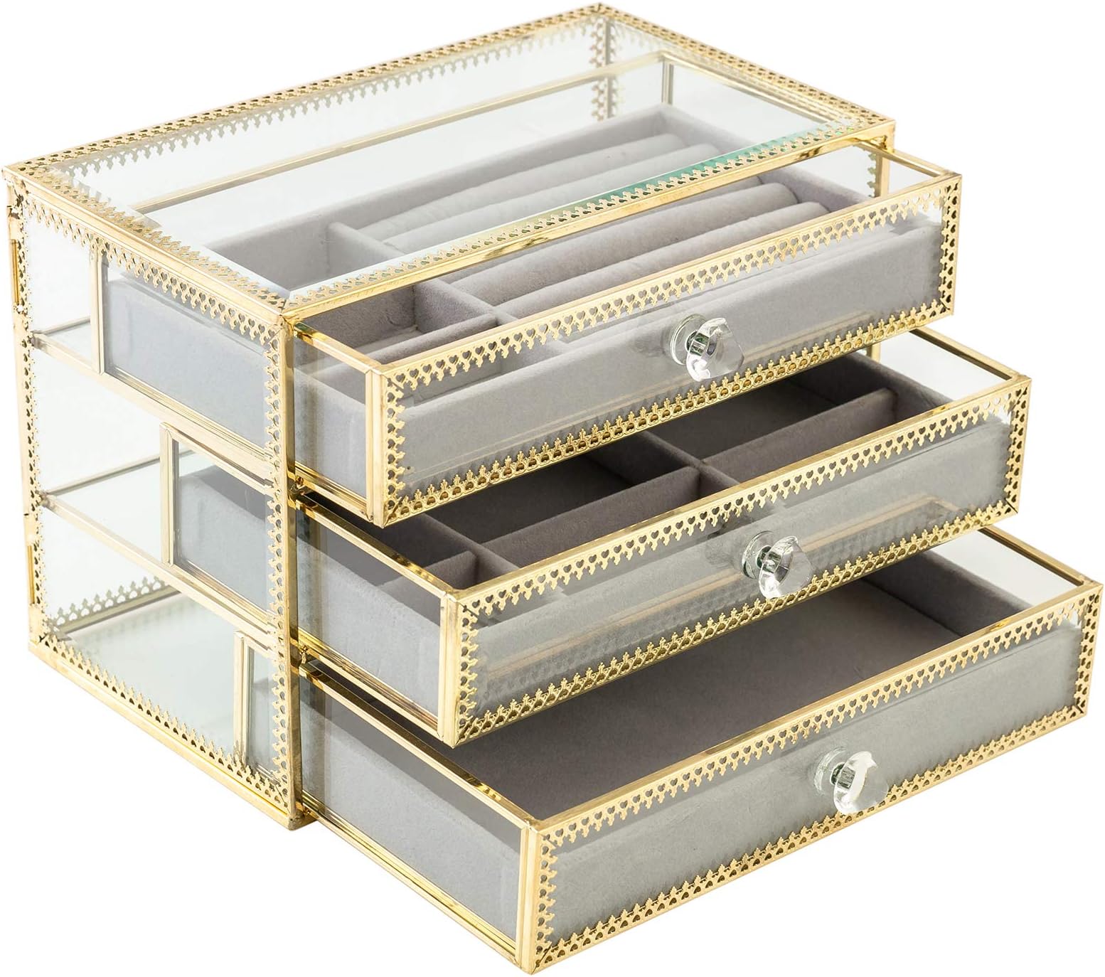 ORIGIA Jewelry Box Decorative Glass Metal Lace Jewelry Organizer Storage Boxes with 3 Drawers Jewelry Display Tray for Earrings Rings Necklaces Bracelets
