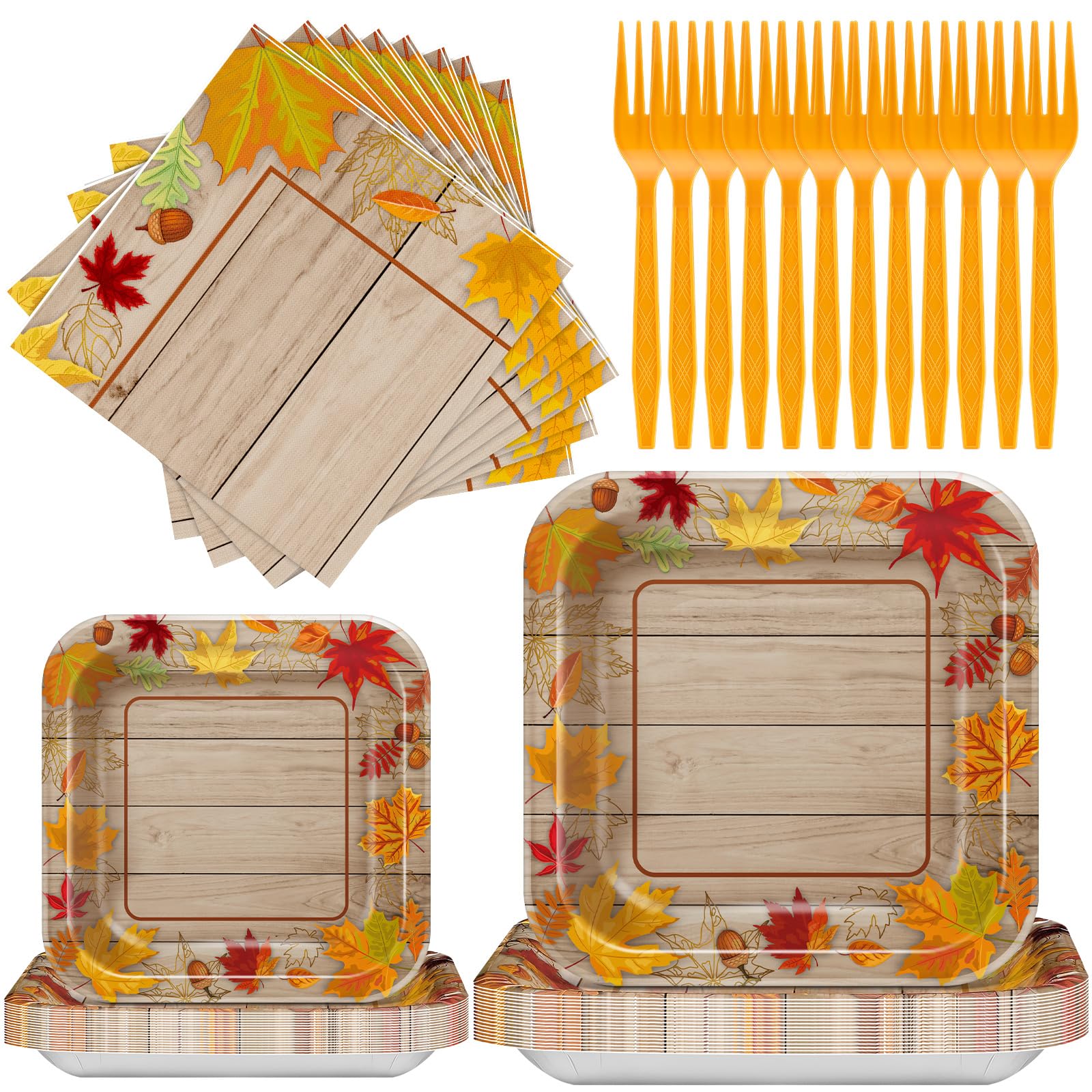 Photo 1 of 100 Pcs Fall Thanksgiving Paper Plates and Napkins Disposable Tableware Set for 25 Guests, Include Square Dinner and Dessert Plates, Napkins, Forks for Fall Autumn Party Table Decoration Supplies