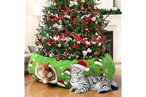 BOBBLET Christmas Cat Tunnel Tree Skirt – Warm Flannel Donut Tunnel Bed with Soft Cushion & Hanging Ball Toy, Peekaboo Cat Cave Under Tree for Indoor Cats to Prevent Christmas Tree Falling, Festive Green