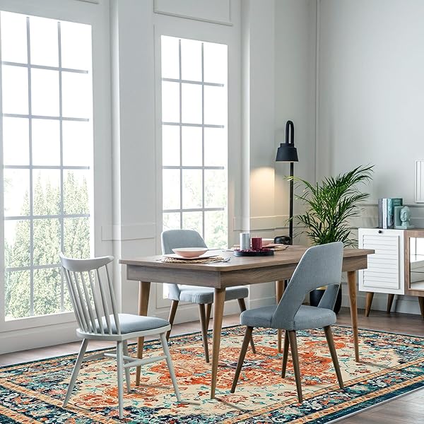 U’ARTLINES BOHO VINTAGE AREA RUG 5X7 MACHINE WASHABLE LOW PILE SOFT FLOOR CARPET NON SLIP NON SHEDDING ACCENT RUG FOR LIVING ROOM BEDROOM ENTRYWAY DINING ROOM OFFICE ORANGE/MULTI