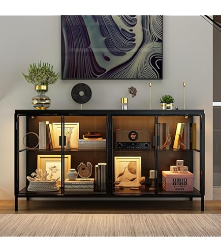 Armoire Vitrine LUIGI Jan Nowak - 50x180x35 Cm, 4 étagères Réglables, Verre Trempé - Fixation Murale Ou Sol, Couleur Vert Bouteille Scintillant
