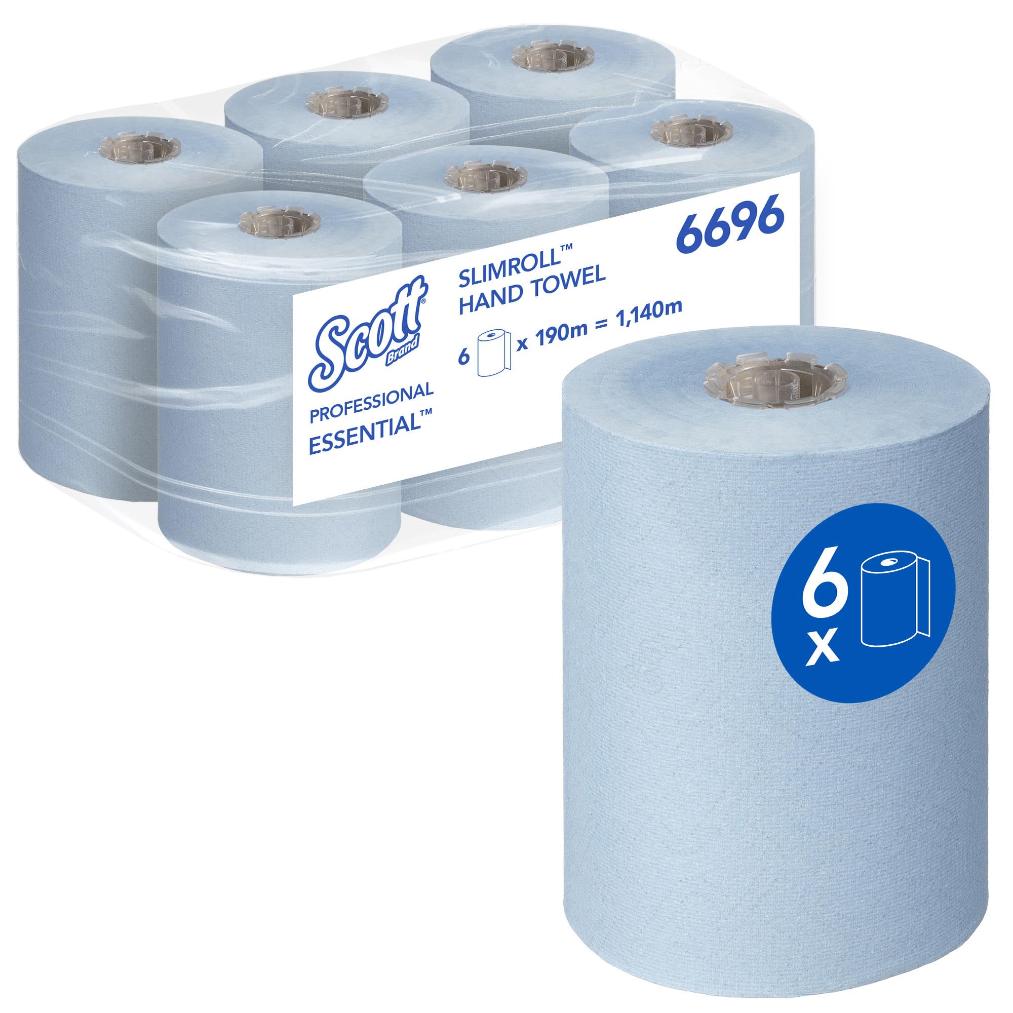 Scott Essential SlimrollTM Rolled Hand Towels – 1-Ply, Blue, Strong & Absorbent Paper Towels – 6 Rolls x 190m (Total 1,140m), Model Nr. 6696