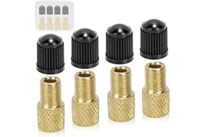 Xioysnil 4 PCs Brass Presta Valve Adapter - Convert Presta to Schrader for Bike, e-Bike, e-Scooter - Inflate Tire with Standard Pump & Air Compressor - with 4 Valve Caps