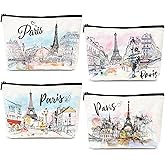 Luvsweets Paris Gifts Travel Essentials - 4Pcs Eiffel Tower Makeup Bag, France Paris City Watercolor Cosmetic Bags with Zipper Pouch, Weekend Vacation Trip Gifts for Travellers Women Girls