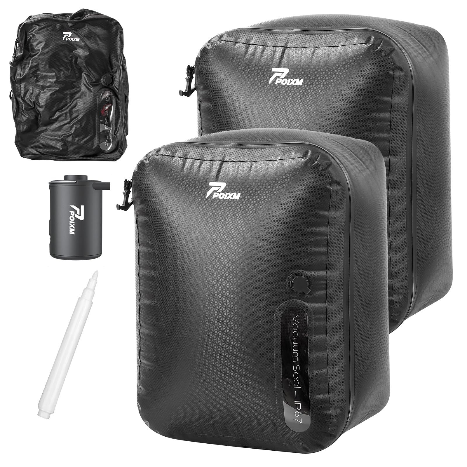 Photo 1 of POIXM Vacuum Bags for Travel with Wireless Pump, 180° Open Zipper, IP67 Waterproof, Reusable Space Saver Compression Bags for Backpack, Suitcase, Home Storage(2 Pack + Pump)