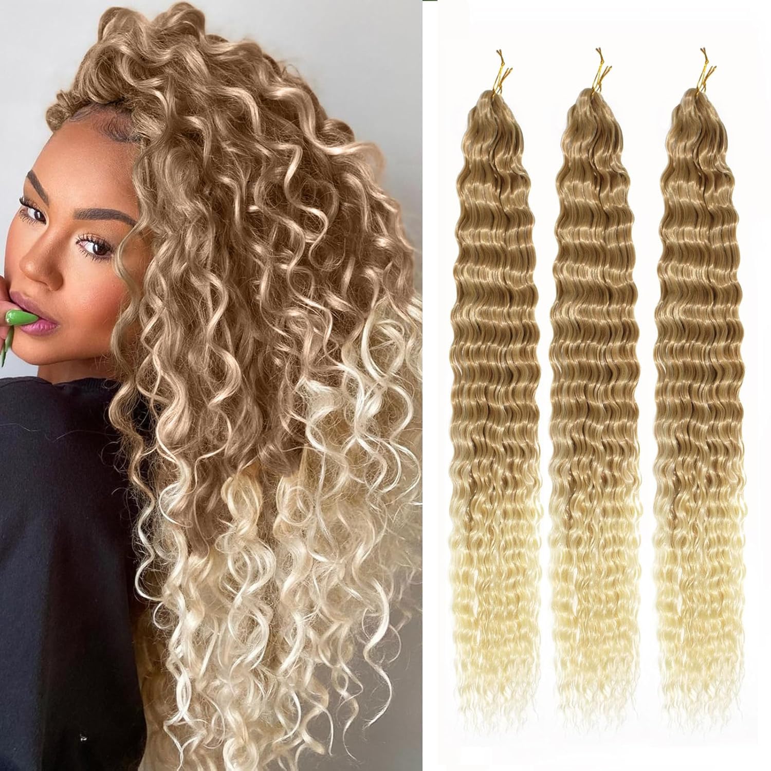 Ocean Wave Crochet Hair 22 inch Deep Wave Crochet Hair 3 Packs boho hair for braiding Hair Extensions curly Braiding Hair for Black Women water wave crochet hair (27/613, 22 Inch(Pack of 3)) — image 1