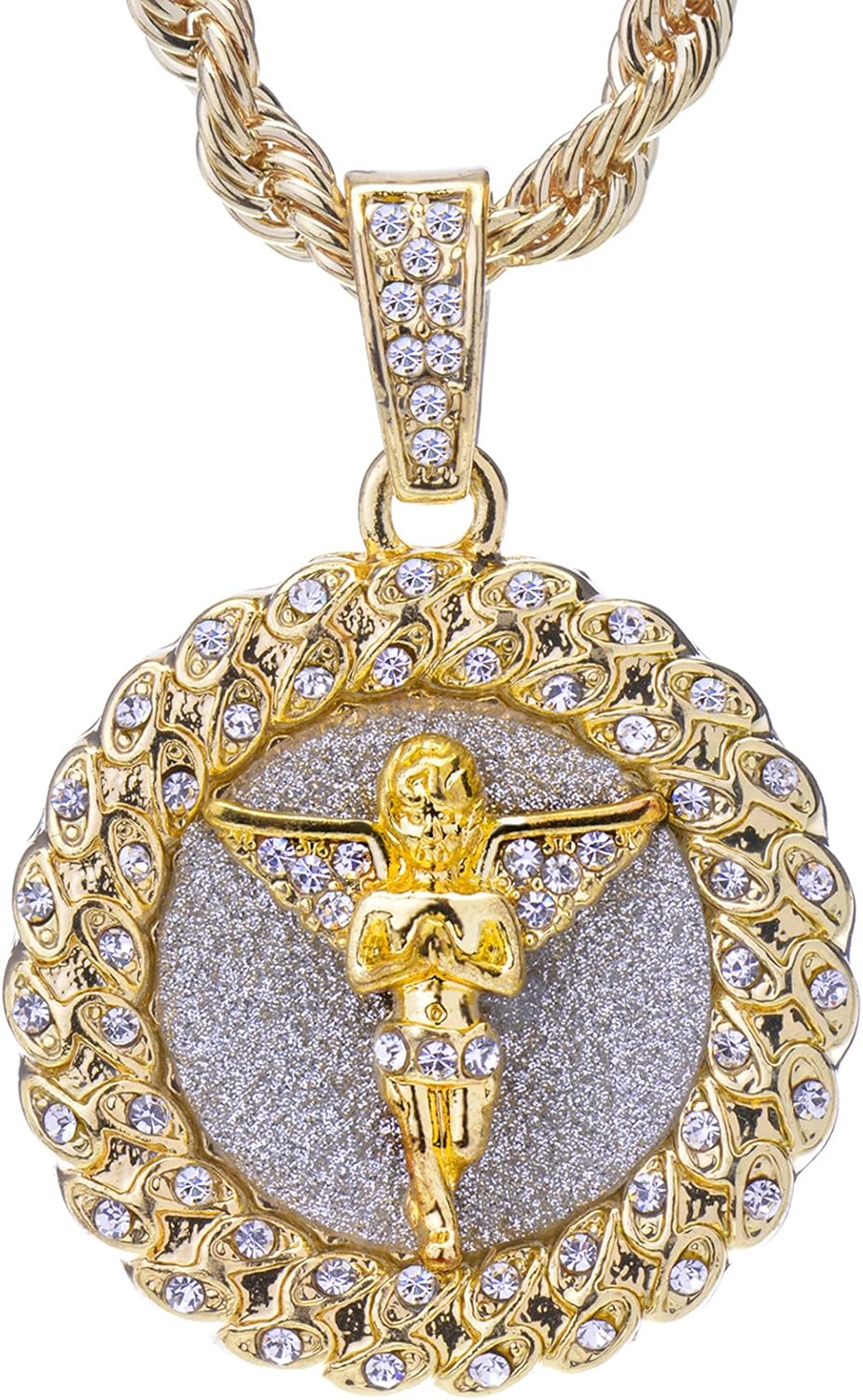 Metaltree98 Men S 14 K Gold Plated Hip Hop Gold Tone Praying Angel Round Pendant And Rope Chain 24 Hc 121 G Amazon Com