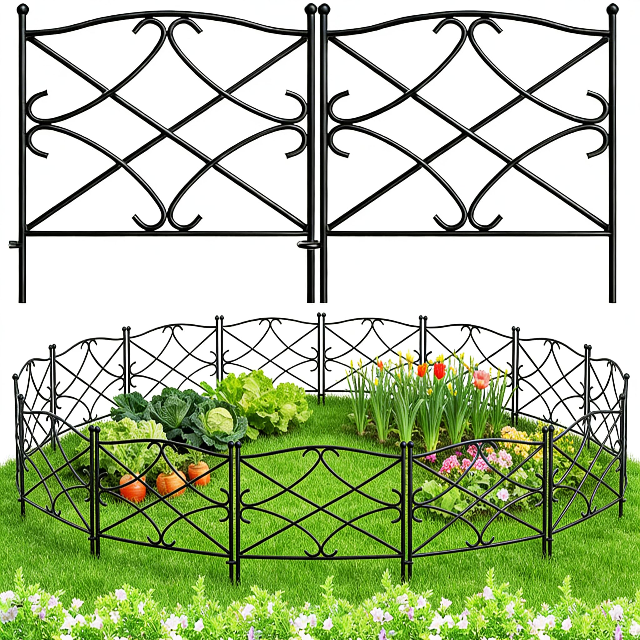 Amagabeli Garden Home 60cm(H) x 3m(L) Metal Garden Fence Panels - Φ10mm Rustproof Black Outdoor Fencing for Dogs, Flower Beds, Patio | No Dig Installation | Animal Barrier (5 Pack)
