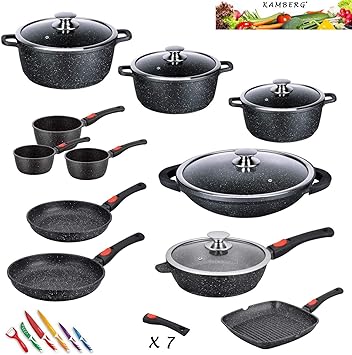 Kamberg 0008162 Set Lot Batterie De Cuisine 27 Pieces Fonte D Aluminium Revetement Pierre Tous Feux Dont Induction Manche Amovible Sans Pfoa Amazon Fr Cuisine Maison
