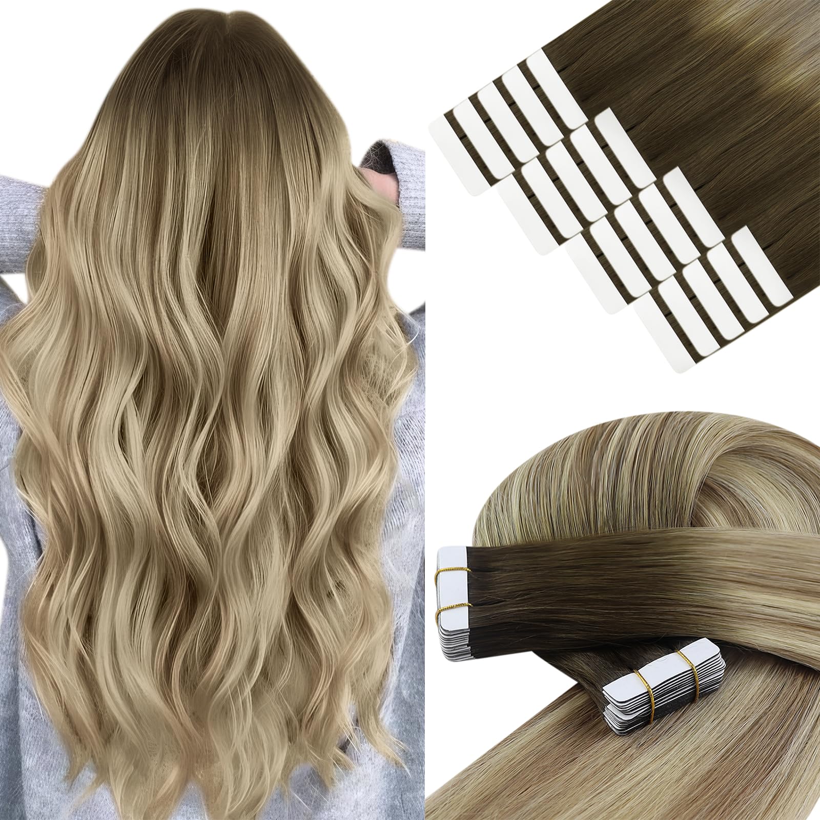 YoungSee Tape in Hair Extensions Real Human Hair Balayage 12In 30g, Invisible Tape on Extensions for Short Hair Tape-in, Balayage Brown with Blonde 20pcs — image 1
