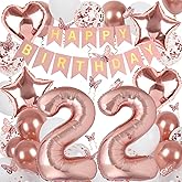 Rose Gold 22th Birthday Decorations for Women, 22 Year Old Sign with Happy Birthday Banner, 40In Number 22 Foil Birthday Balloons, Butterfly Decorations, Heart and Star Balloons